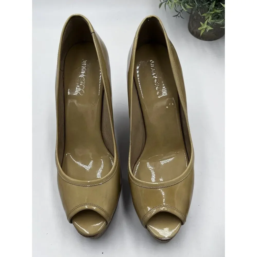 Jimmy Choo Papina‎ Cork Wedge Nude Patent Leather Platform Heels EU 40/US 10